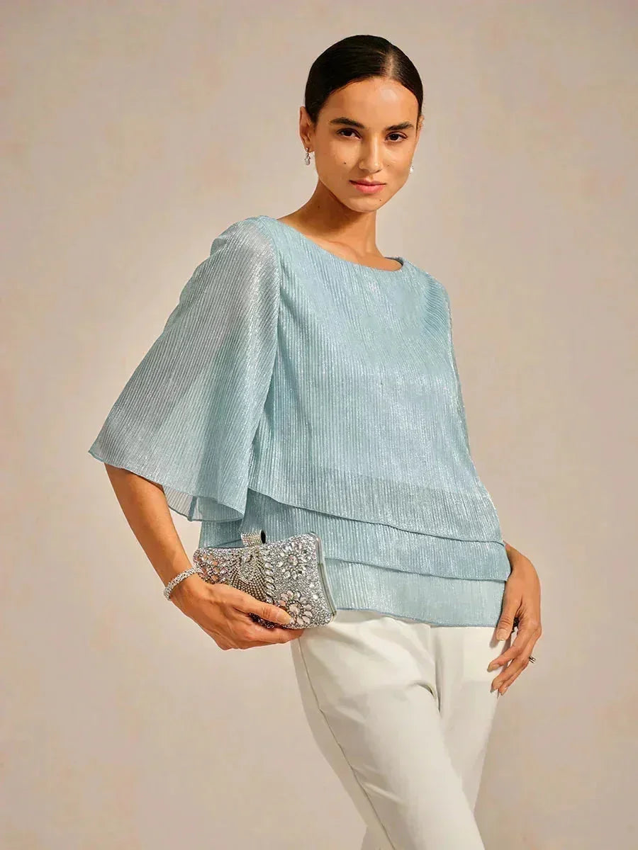 Metallic Pleated Chiffon Asymmetrical Layered Blouse