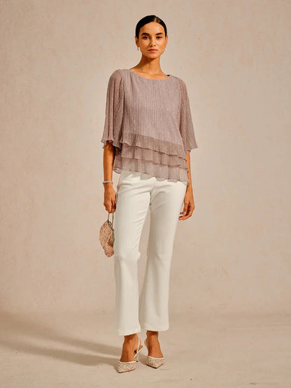 Metallic Pleated Chiffon Asymmetrical Layered Blouse