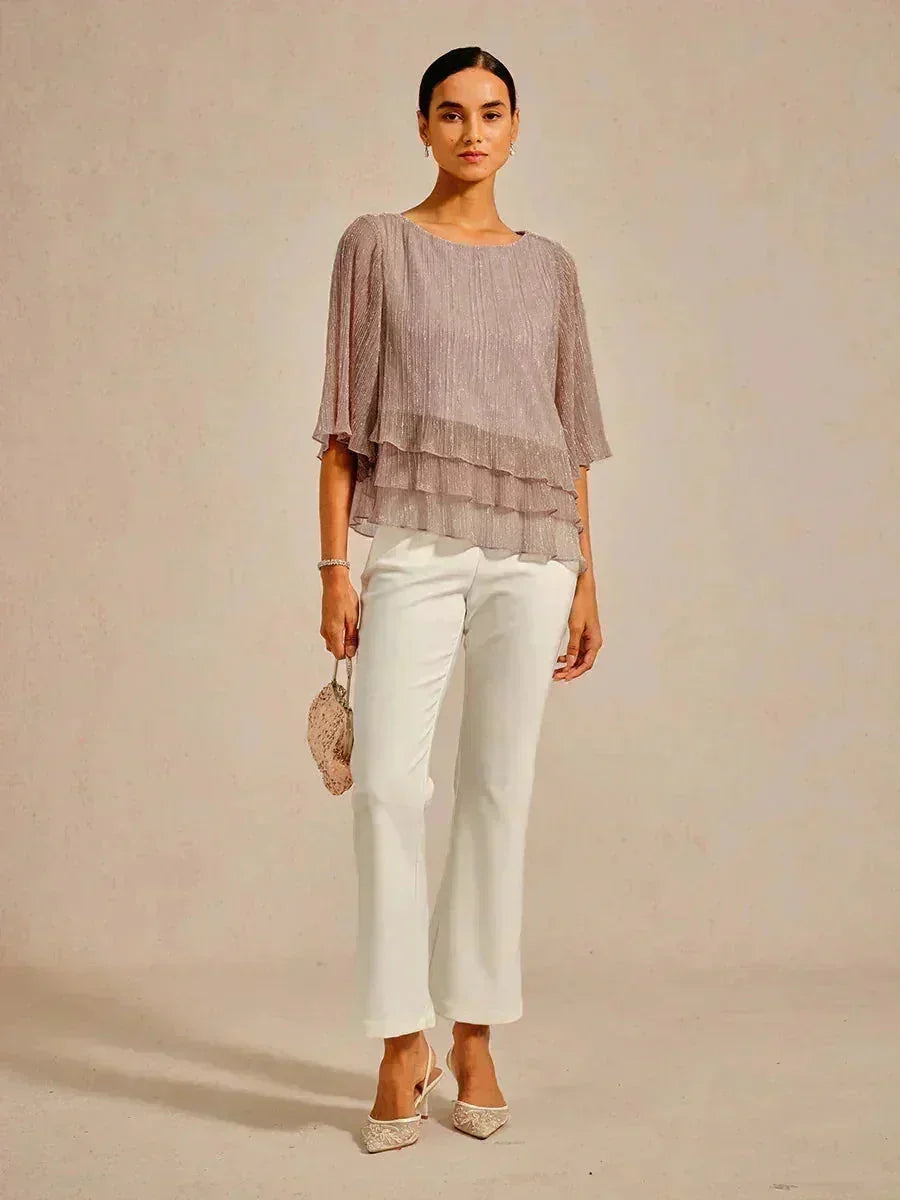 Metallic Pleated Chiffon Asymmetrical Layered Blouse