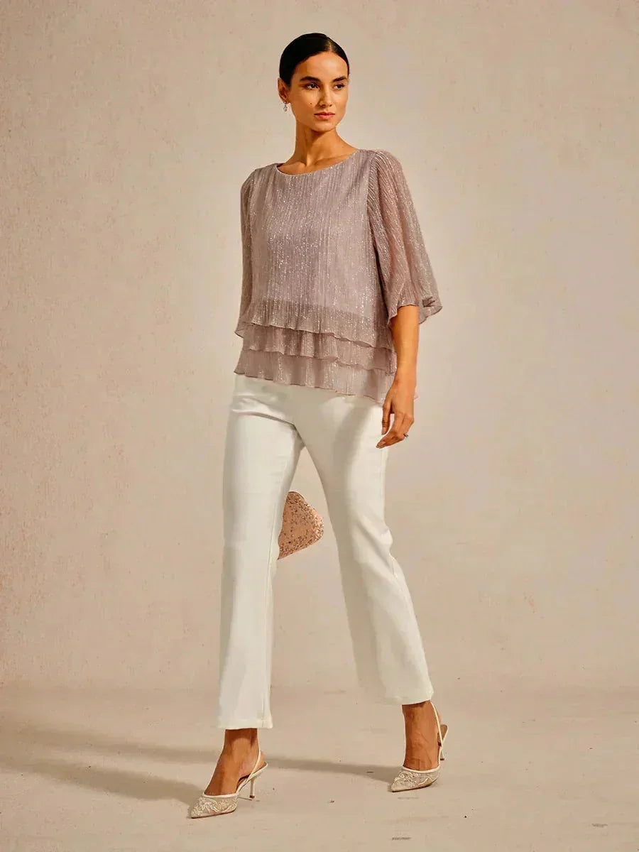 Asymmetrische Lagenbluse aus metallisch schimmerndem, plissiertem Chiffon