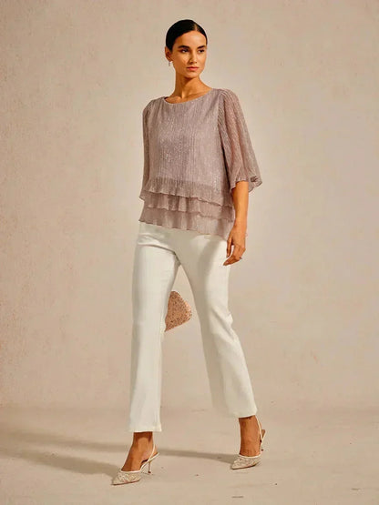 Asymmetrische Lagenbluse aus metallisch schimmerndem, plissiertem Chiffon