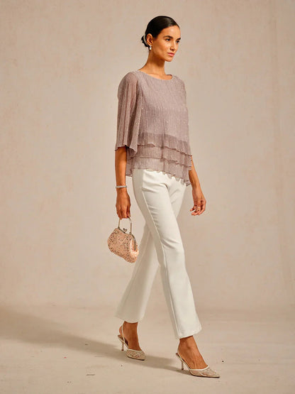 Metallic Pleated Chiffon Asymmetrical Layered Blouse