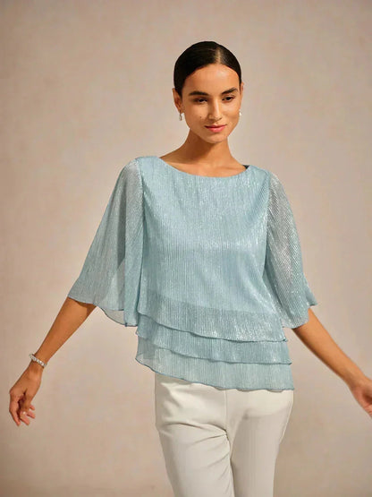 Metallic Pleated Chiffon Asymmetrical Layered Blouse