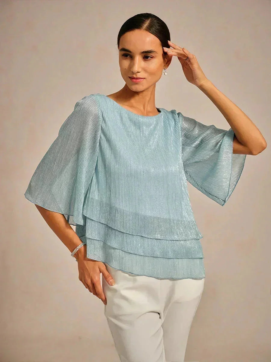 Asymmetrische Lagenbluse aus metallisch schimmerndem, plissiertem Chiffon