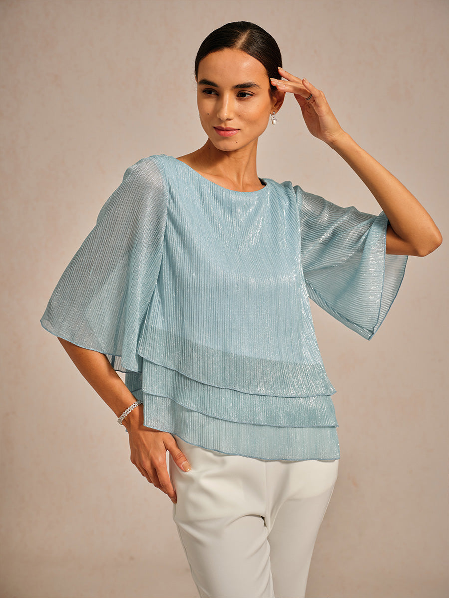 Asymmetrische Lagenbluse aus metallisch schimmerndem, plissiertem Chiffon