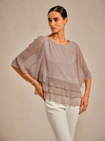 Metallic Pleated Chiffon Asymmetrical Layered Blouse