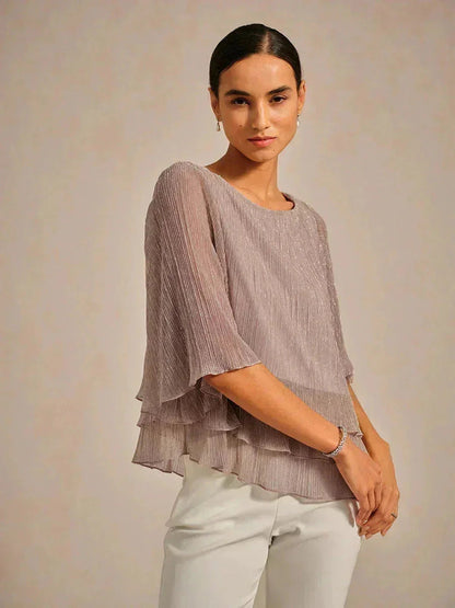 Metallic Pleated Chiffon Asymmetrical Layered Blouse