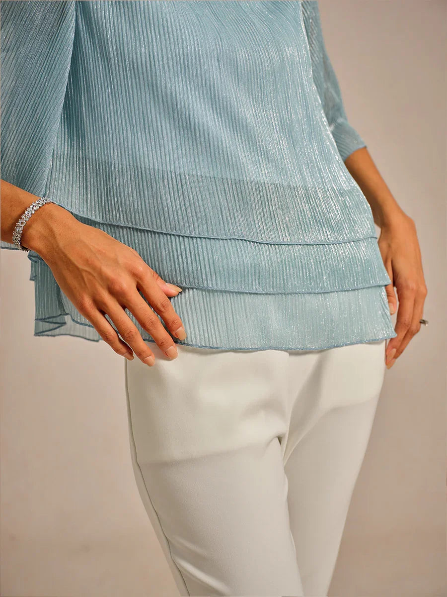 Metallic Pleated Chiffon Asymmetrical Layered Blouse