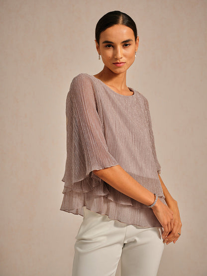 Metallic Pleated Chiffon Asymmetrical Layered Blouse