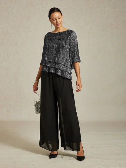 Asymmetrische Lagenbluse aus metallisch schimmerndem, plissiertem Chiffon