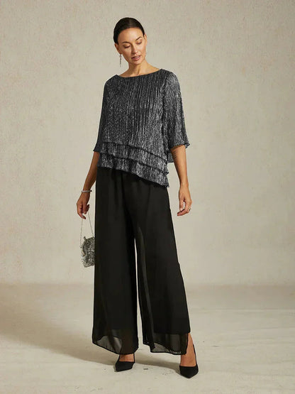 Metallic Chiffon Pleated Blouse