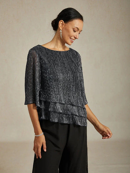 Asymmetrische Lagenbluse aus metallisch schimmerndem, plissiertem Chiffon