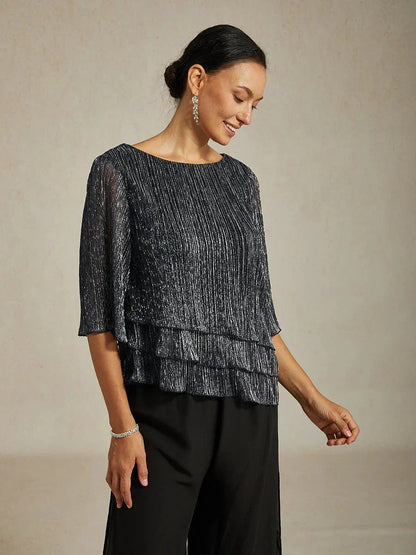 Metallic Pleated Chiffon Asymmetrical Layered Blouse