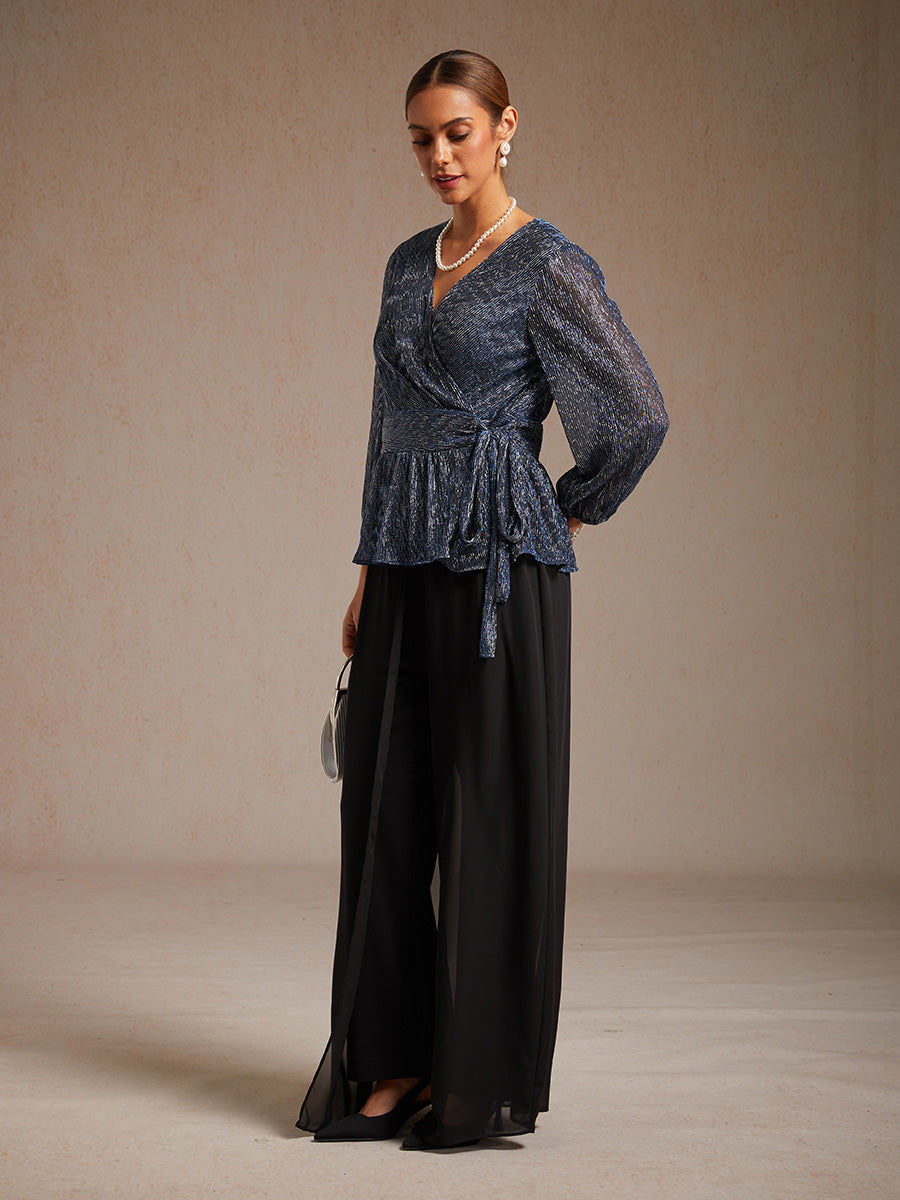 Metallic Pleated Chiffon Evening Wrap Top