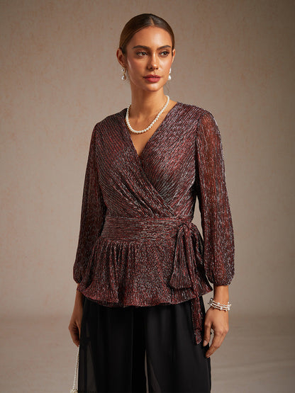 Metallic Pleated Chiffon Evening Wrap Top