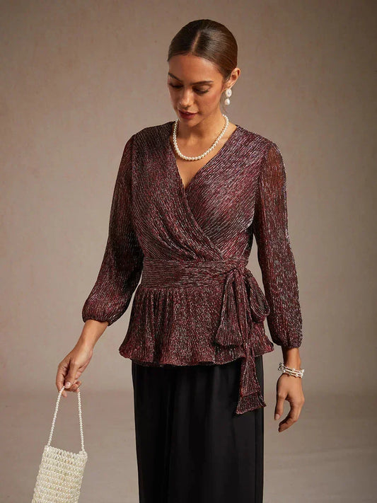 Metallic Pleated Chiffon Evening Wrap Top