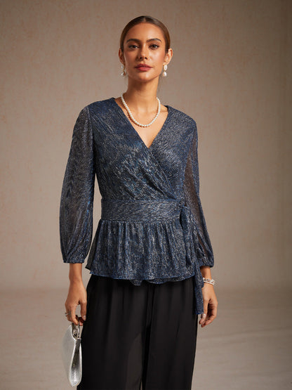 Metallic Pleated Chiffon Evening Wrap Top