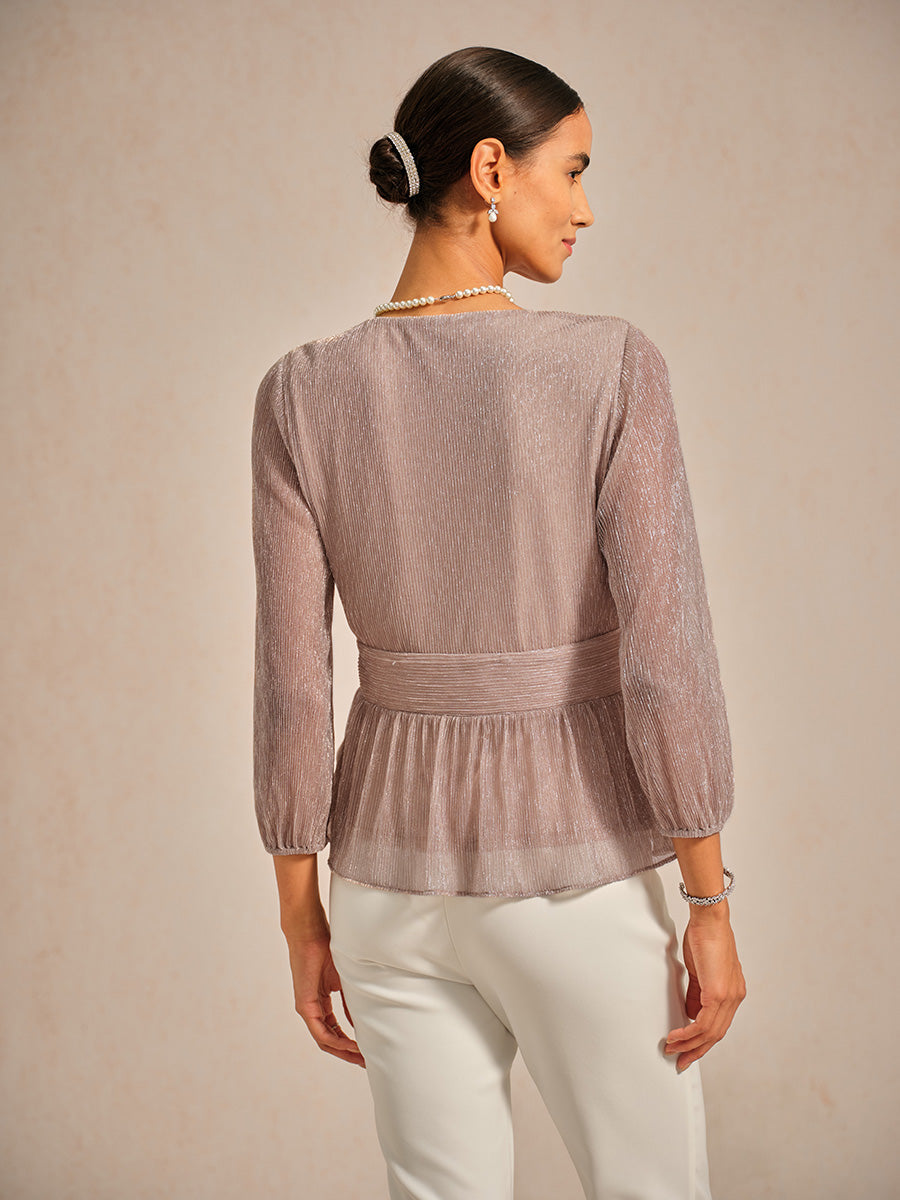 Metallic Pleated Chiffon Evening Wrap Top