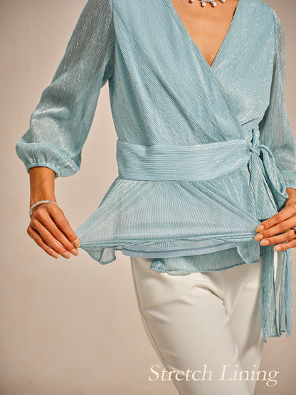 Metallic Pleated Chiffon Evening Wrap Top
