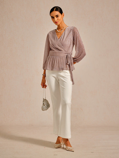 Metallic Pleated Chiffon Evening Wrap Top