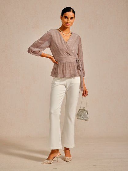 Metallic Pleated Chiffon Evening Wrap Top