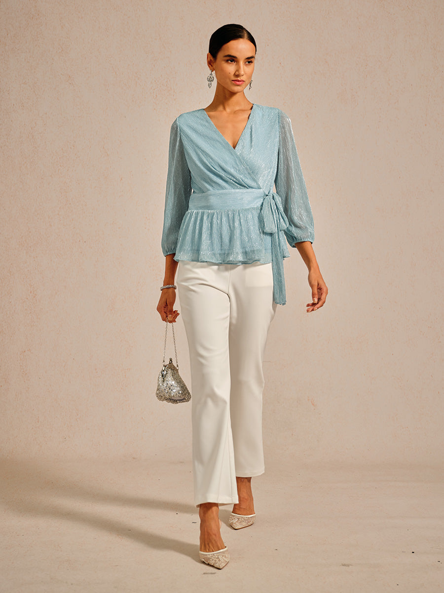 Metallic Pleated Chiffon Evening Wrap Top