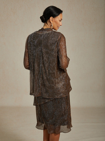 Metallic Pleated Chiffon Long Jacket with Layered Design