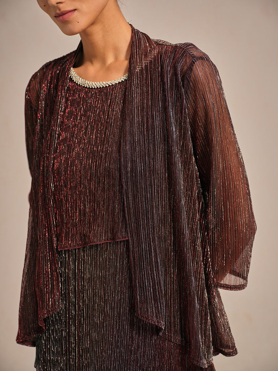 Metallic Pleated Chiffon Long Jacket with Layered Design