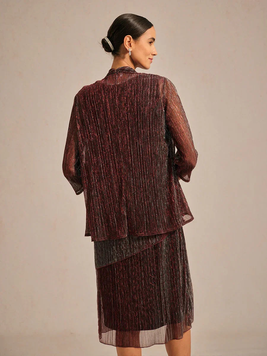 Metallic Pleated Chiffon Long Jacket with Layered Design