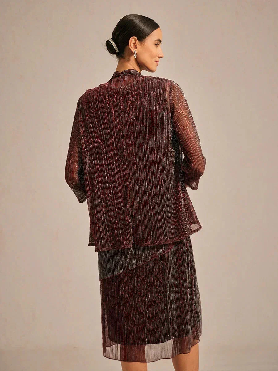 Metallic Pleated Chiffon Long Jacket with Layered Design