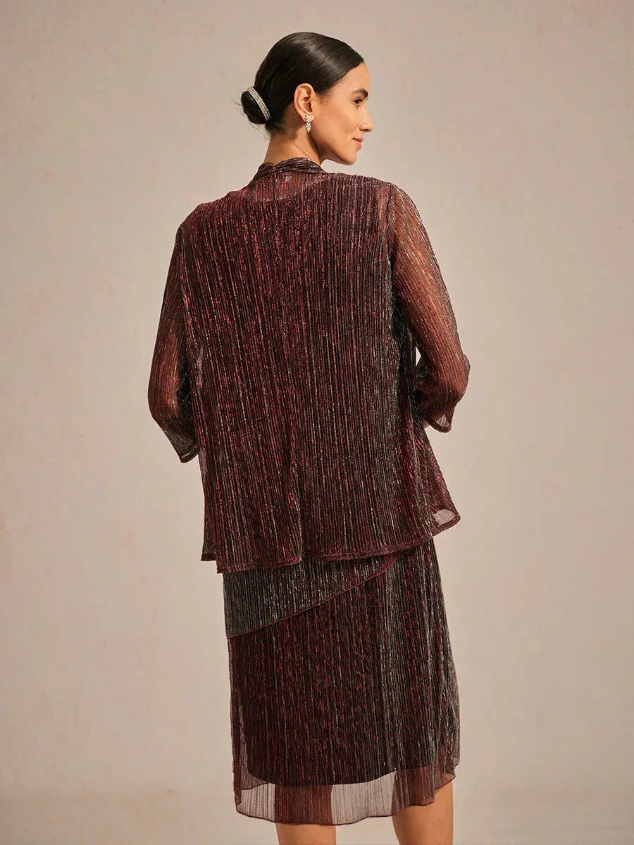 Metallic Pleated Chiffon Long Jacket with Layered Design