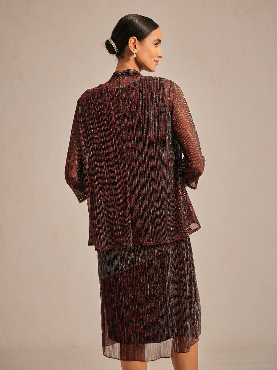 Metallic Pleated Chiffon Long Jacket with Layered Design