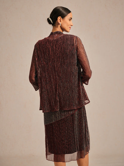Metallic Pleated Chiffon Long Jacket with Layered Design