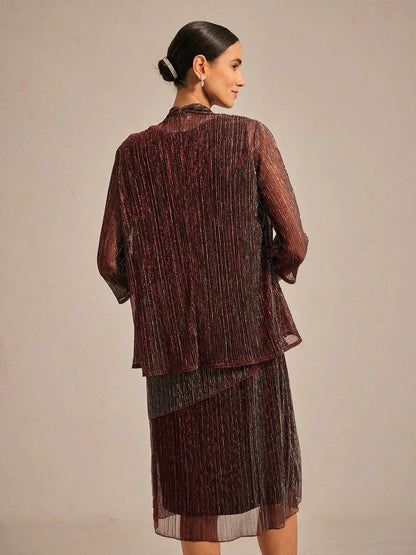 Metallic Pleated Chiffon Long Jacket with Layered Design