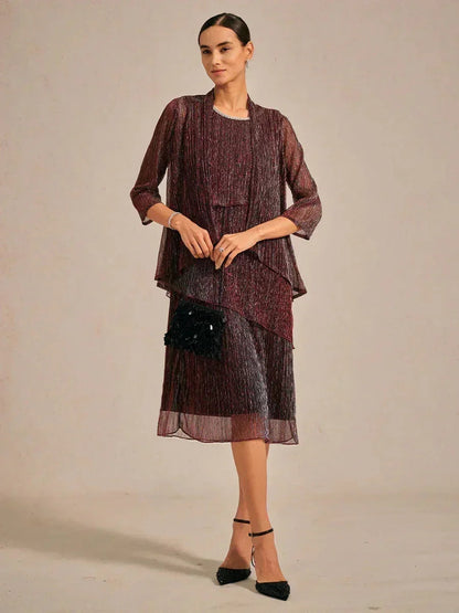 Metallic Pleated Chiffon Long Jacket with Layered Design