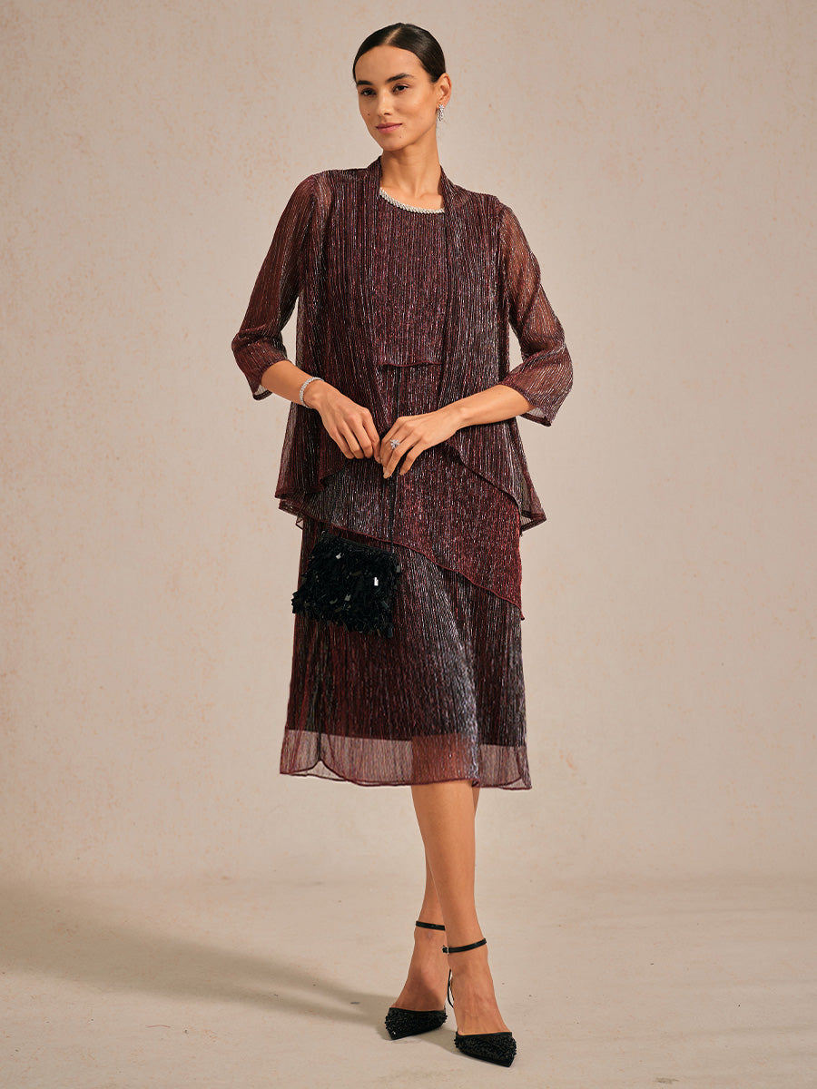 Metallic Pleated Chiffon Long Jacket with Layered Design