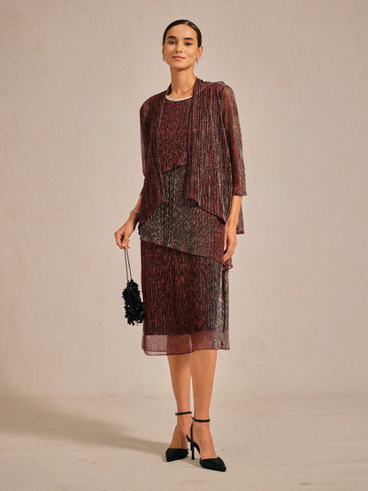 Metallic Pleated Chiffon Long Jacket with Layered Design