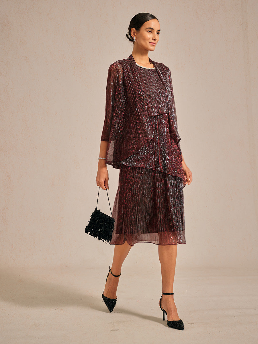 Metallic Pleated Chiffon Long Jacket with Layered Design