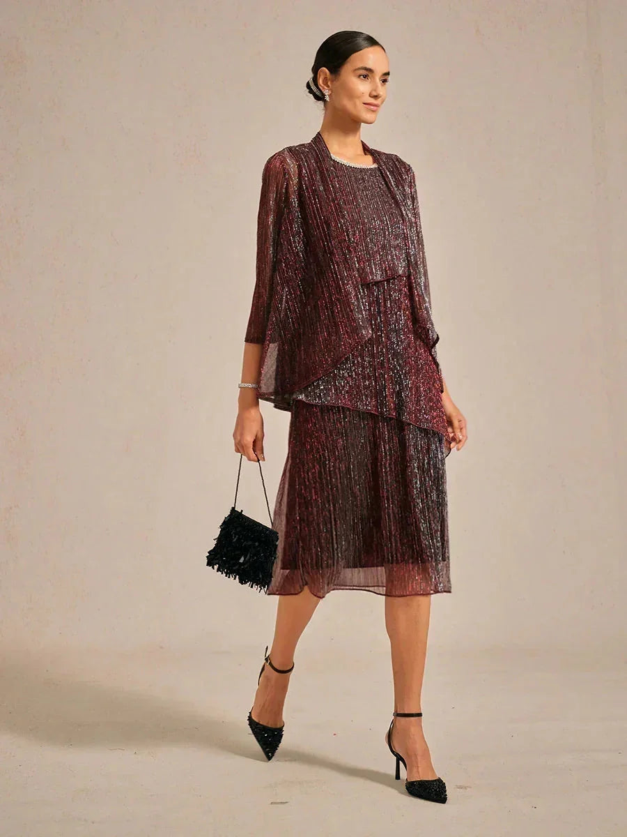 Metallic Pleated Chiffon Long Jacket with Layered Design