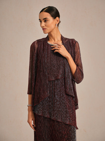 Metallic Pleated Chiffon Long Jacket with Layered Design