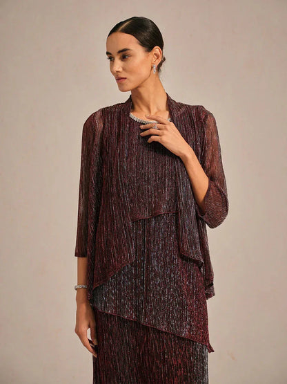 Metallic Pleated Chiffon Long Jacket with Layered Design
