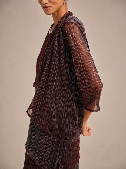 Metallic Pleated Chiffon Long Jacket with Layered Design