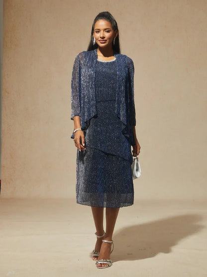 Metallic Pleated Chiffon Long Jacket with Layered Design