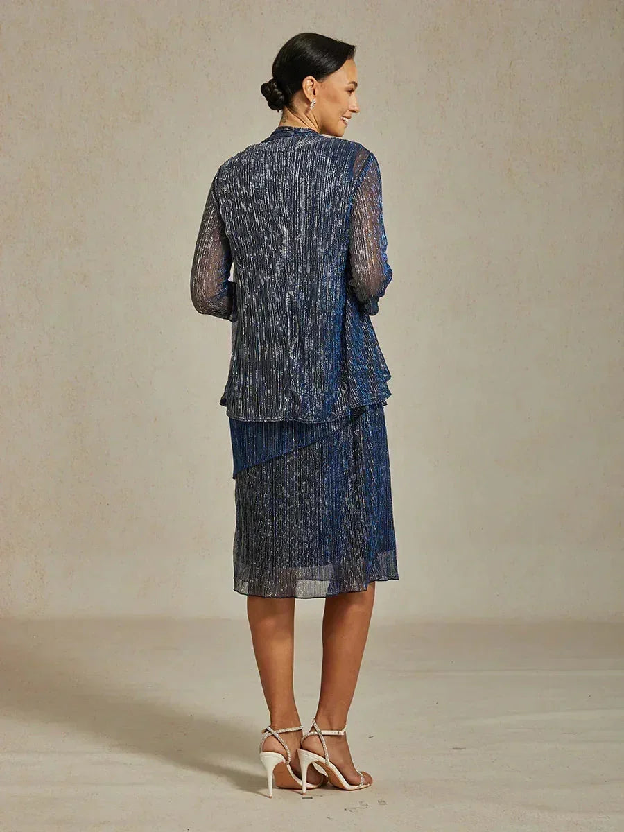 Metallic Pleated Chiffon Midi Dress with Beaded Round Neck
