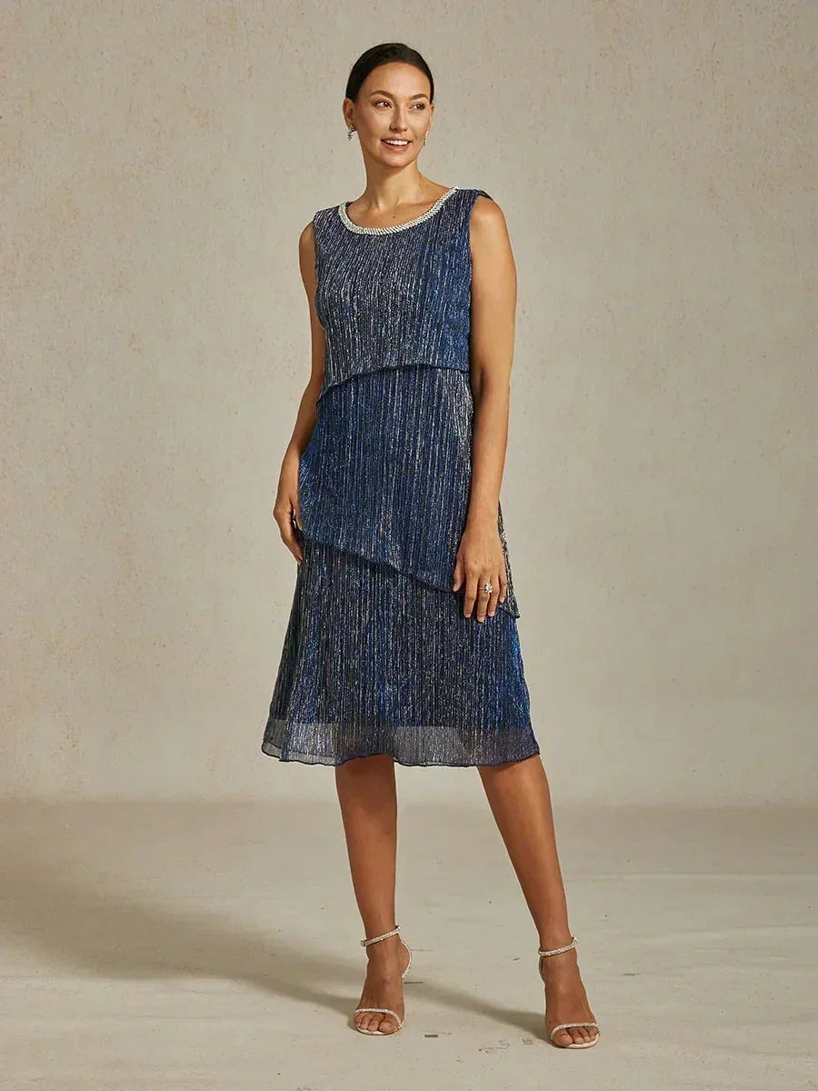 Metallic Pleated Chiffon Midi Dress with Beaded Round Neck