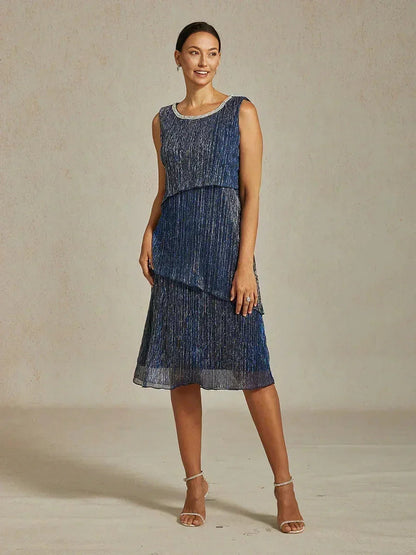 Metallic Pleated Chiffon Midi Dress with Beaded Round Neck