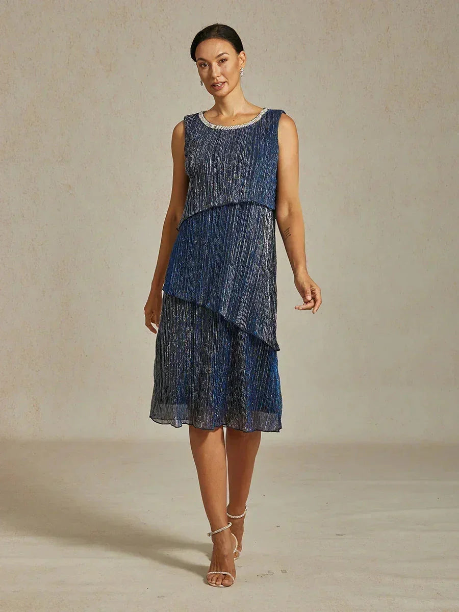 Metallic Pleated Chiffon Midi Dress with Beaded Round Neck
