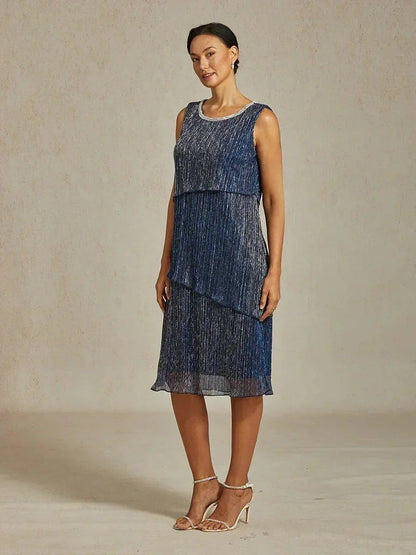 Metallic Pleated Chiffon Midi Dress with Beaded Round Neck
