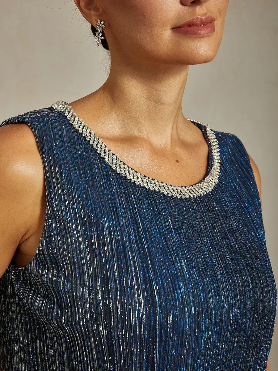 Metallic Pleated Chiffon Midi Dress with Beaded Round Neck