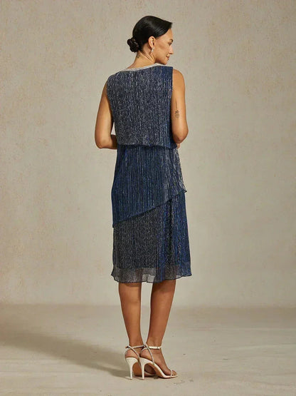 Metallic Pleated Chiffon Midi Dress with Beaded Round Neck